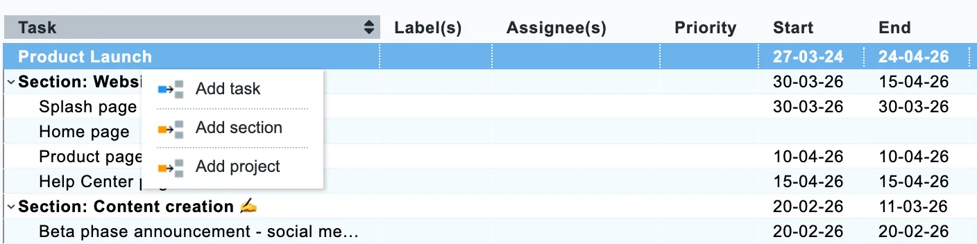 Right-click a project row to add a task, section or project.
