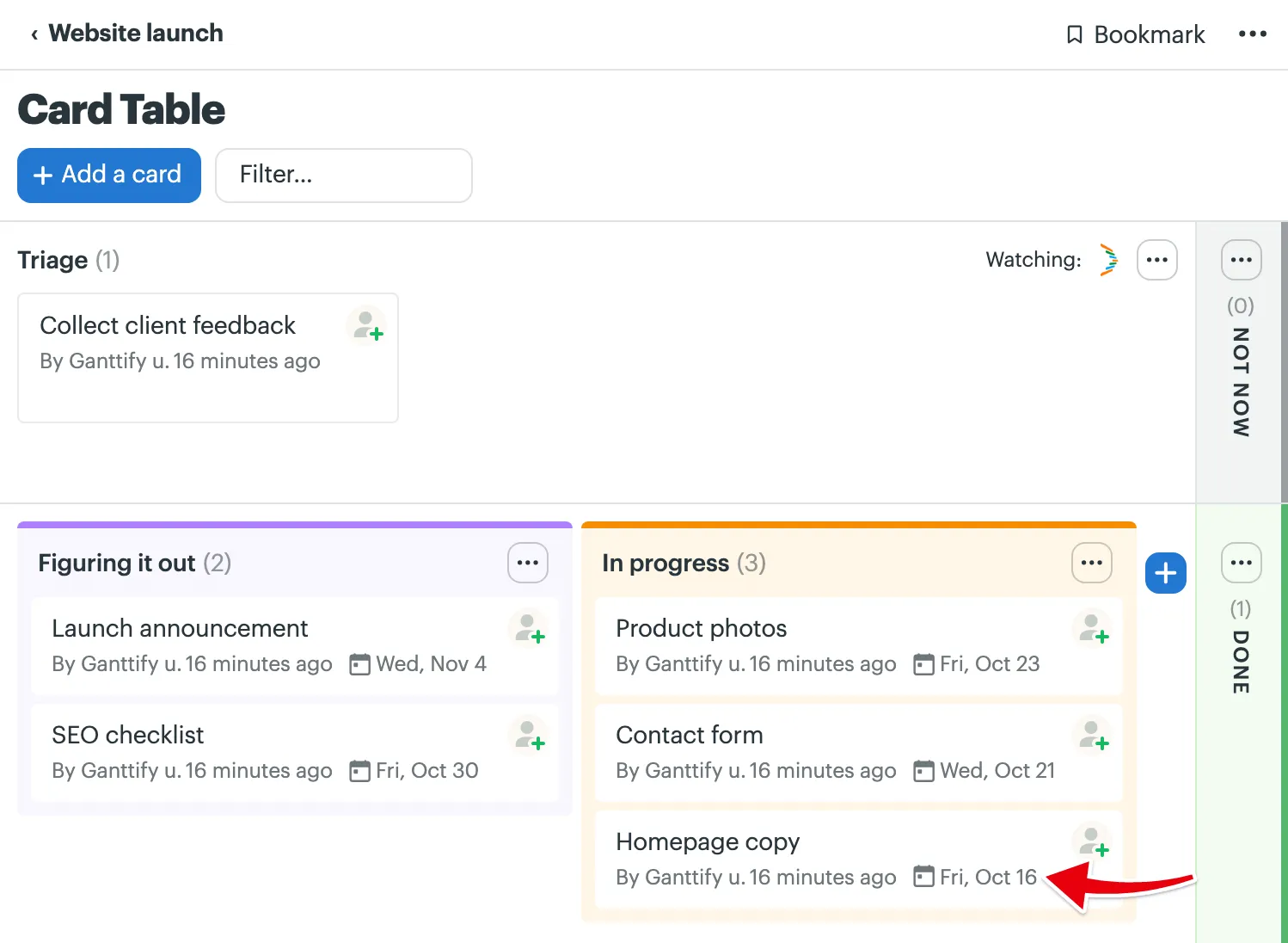 In Basecamp, a card shows only its due date: the start date stays in your chart