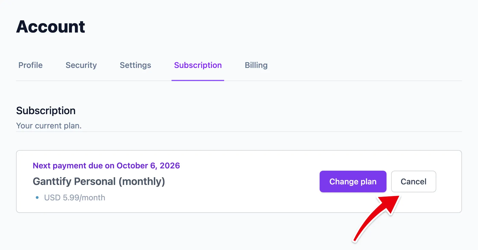 Cancel sits next to Change plan on your Subscription page