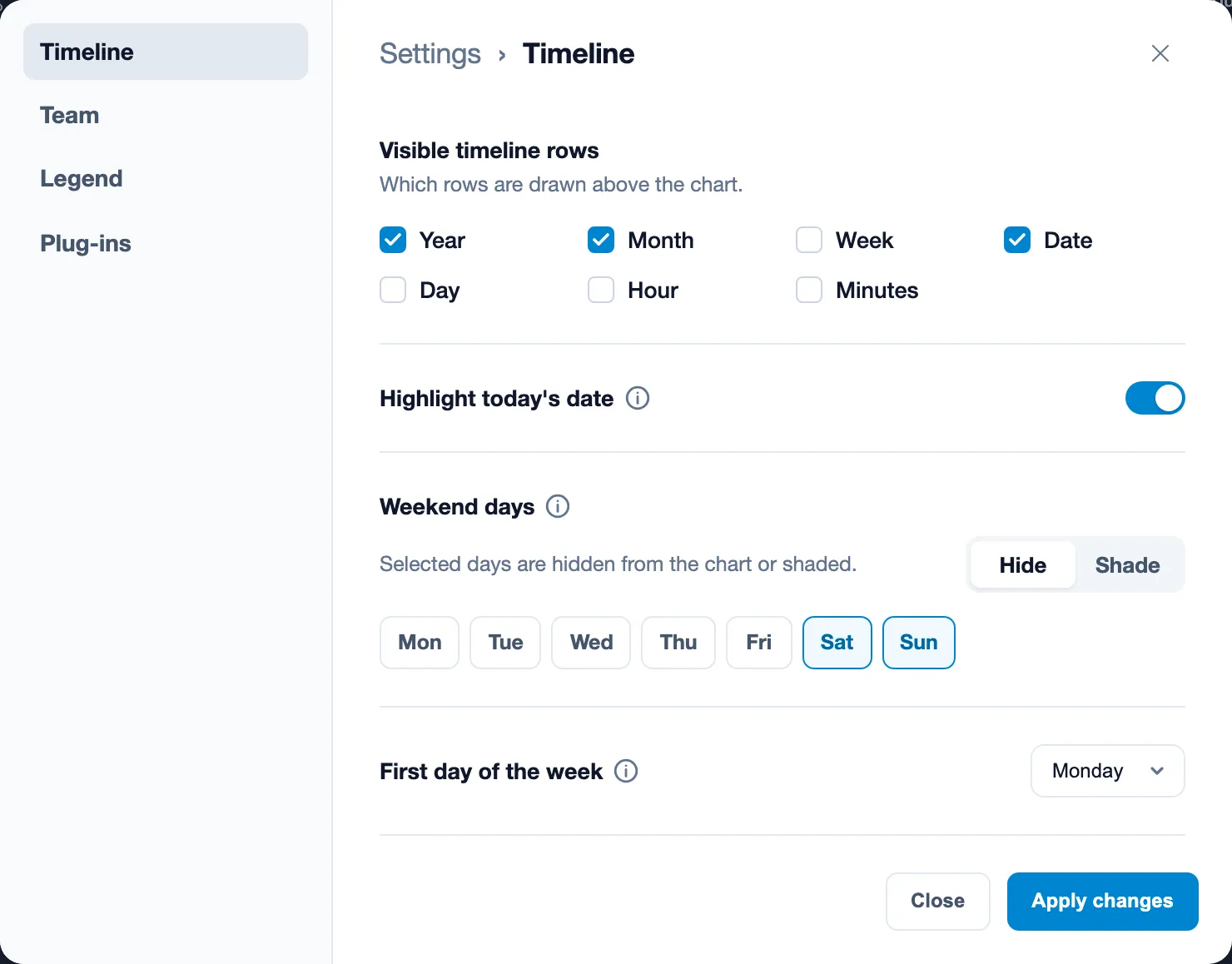The Settings window opens on the Timeline tab, with Team, Legend and Plug-ins next to it