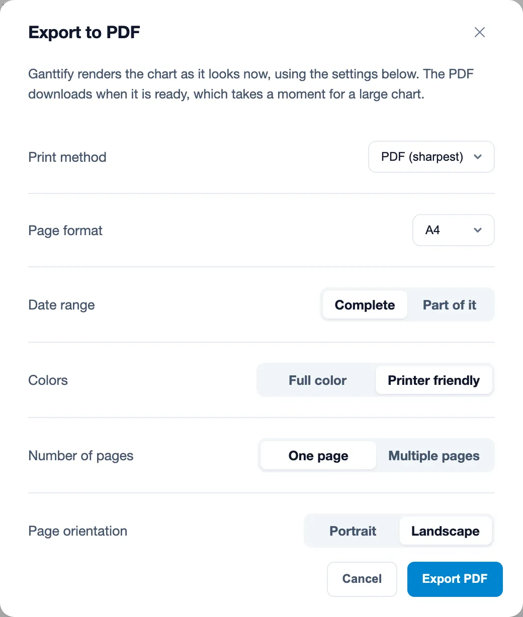 The export window with PDF selected. Pick Image file under Print method for a picture instead.