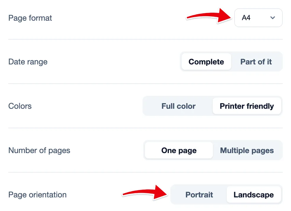 Page format and Page orientation only show when PDF is selected.