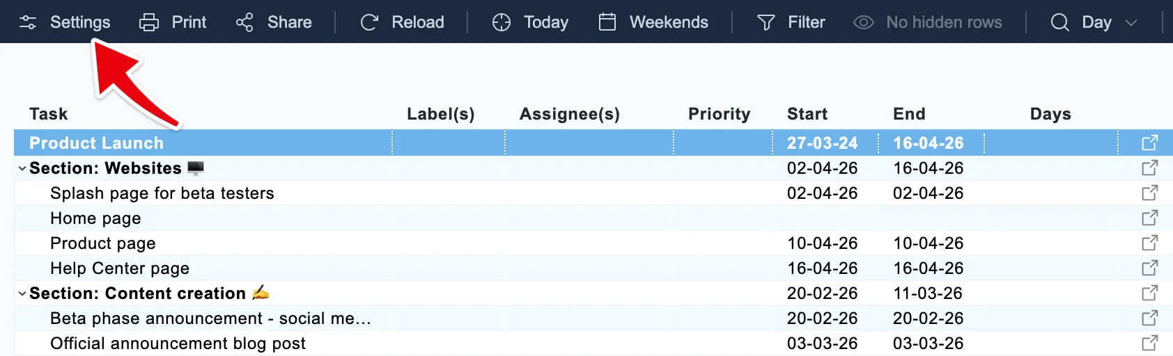 Settings in the Gantt chart toolbar