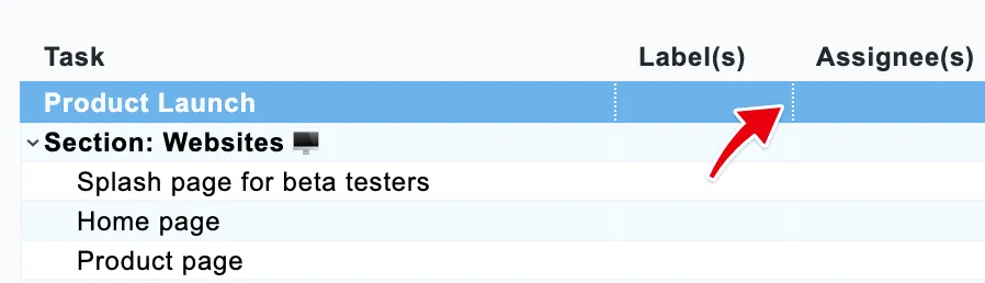 Drag the line between columns to resize them