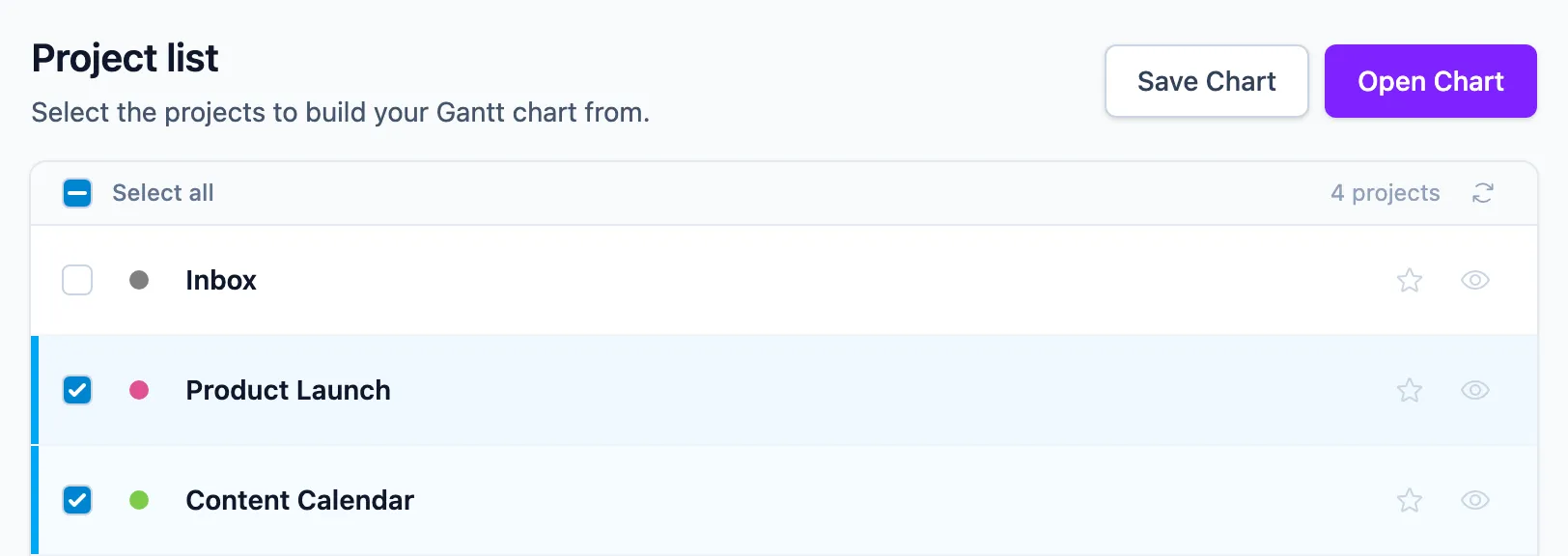 Tick the projects you want, then choose Save Chart or Open Chart at the top of your Project List.