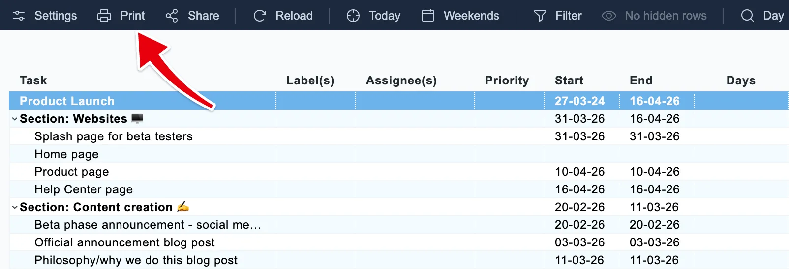 Print sits near the start of the toolbar of an open chart.