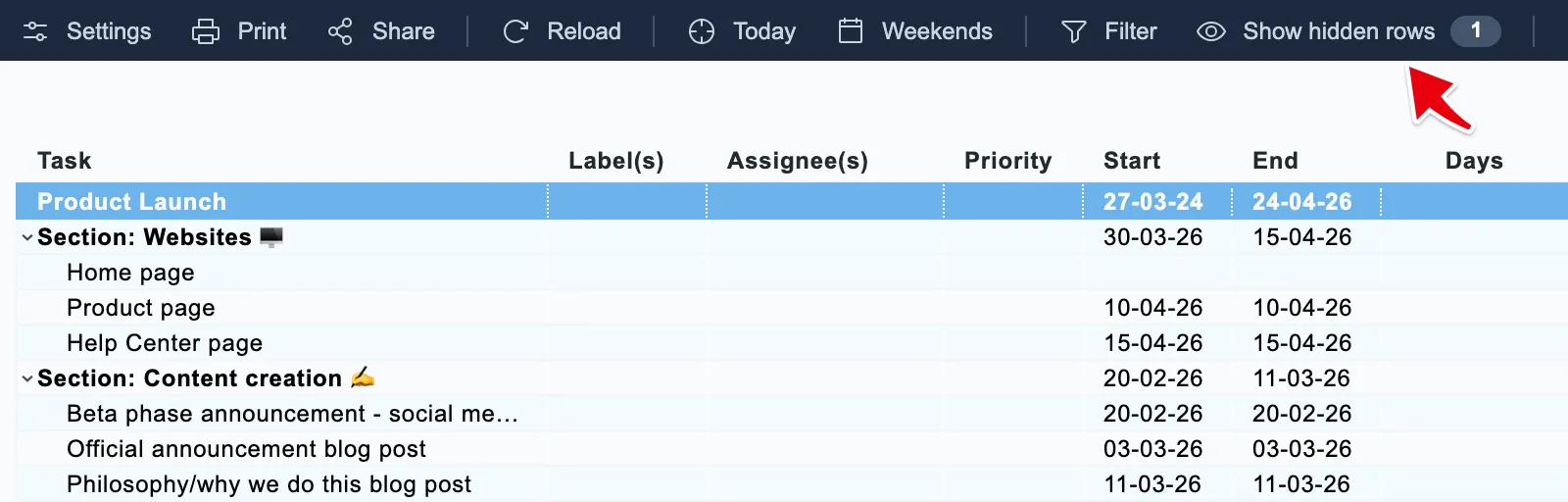 The toolbar shows how many rows are hidden