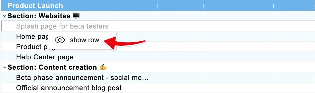 A hidden row shows in light gray: right-click it and choose show row