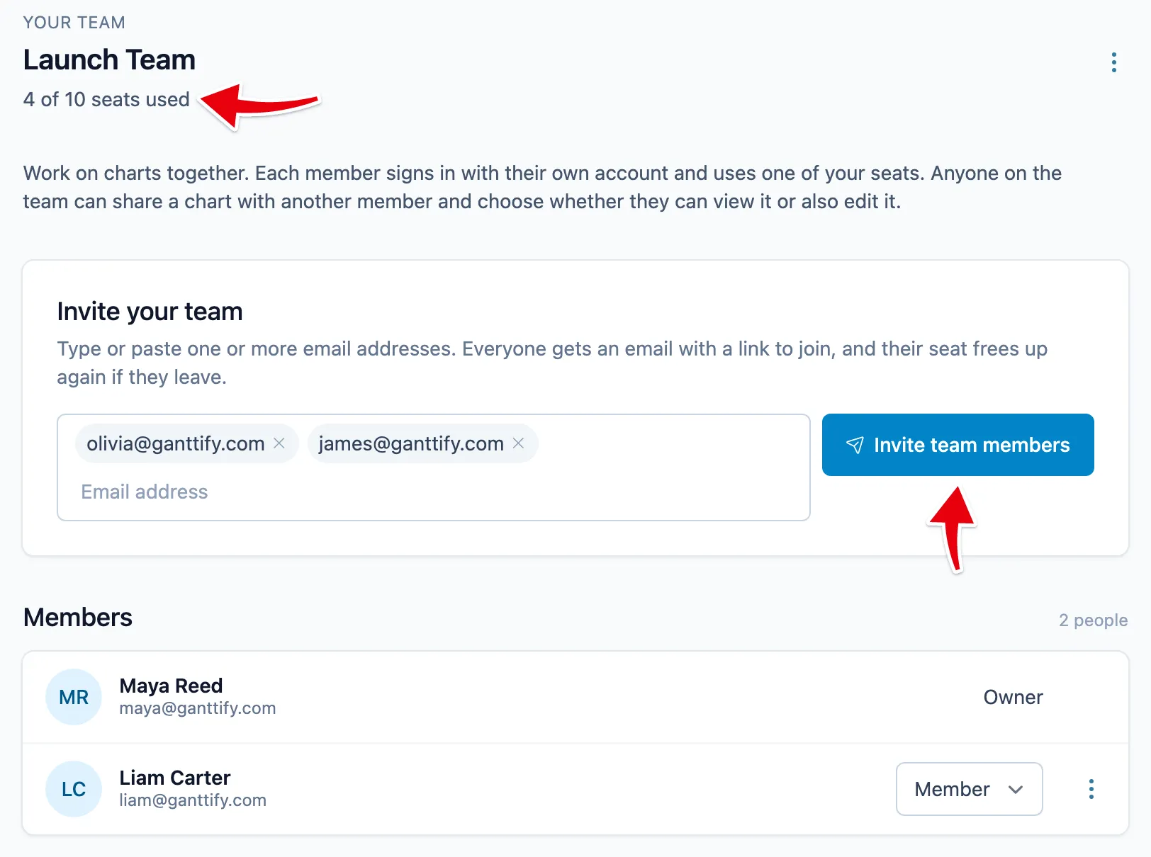The Team page: add email addresses under Invite your team, and keep an eye on the seats count in the header.