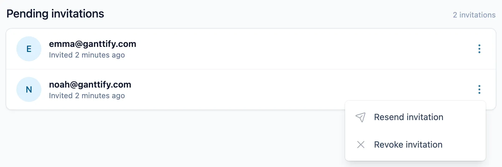 Each pending invitation has a menu to resend or revoke it.