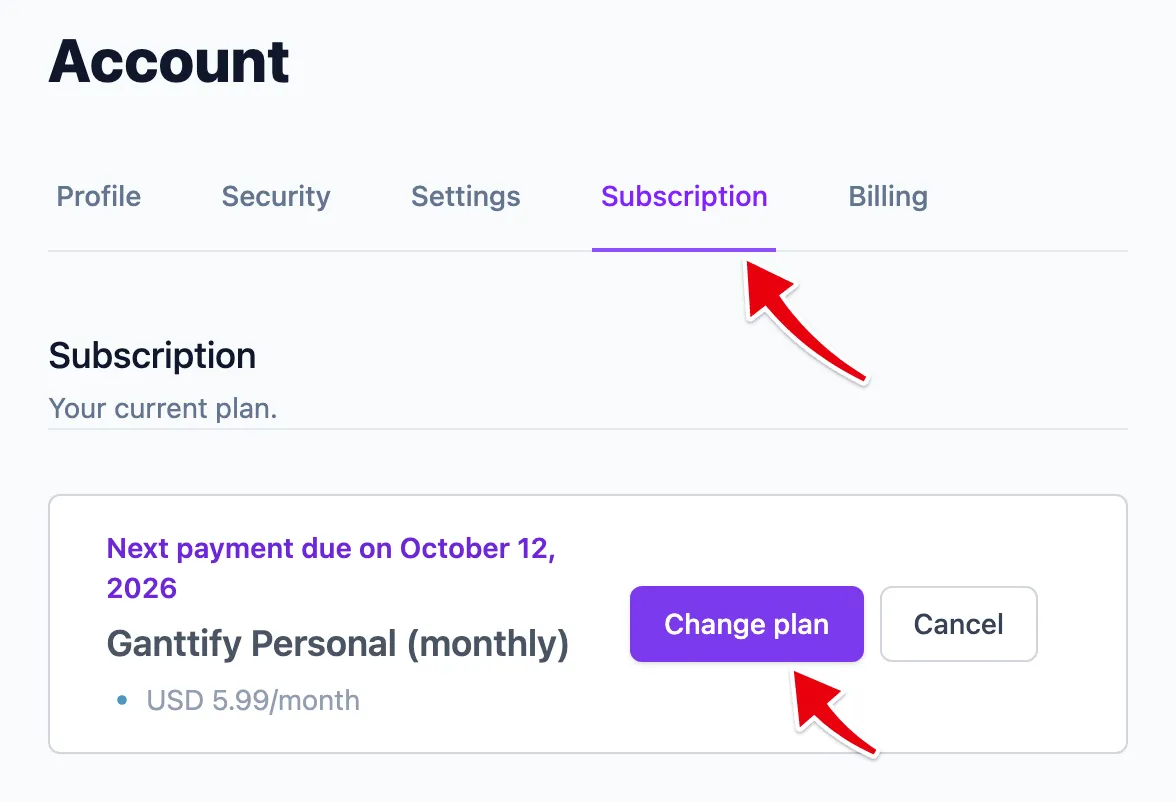 The Subscription tab with your current plan and the Change plan button