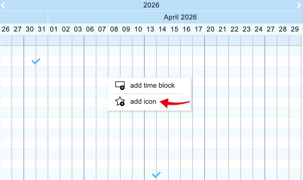 Right-click the empty timeline next to a task and choose add icon to set a due date on that day