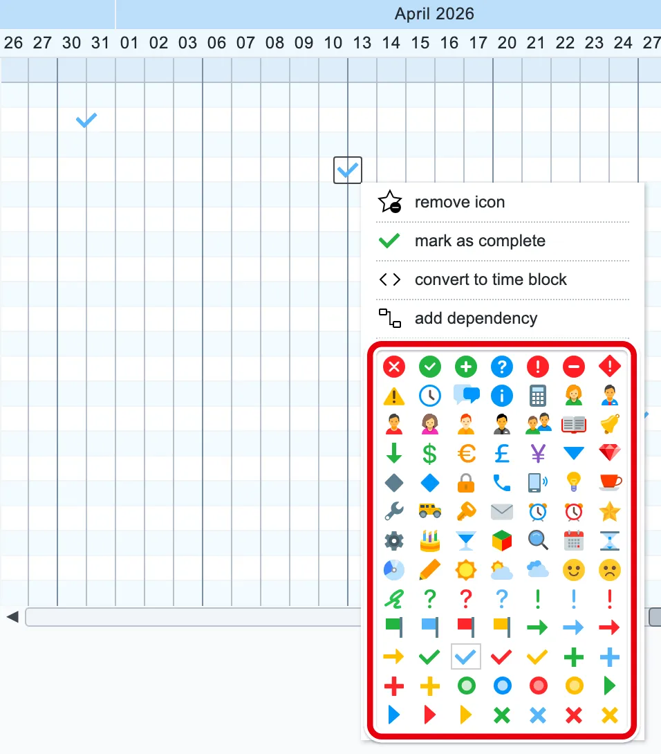 Right-click a due date and pick another icon from the palette at the bottom of its menu