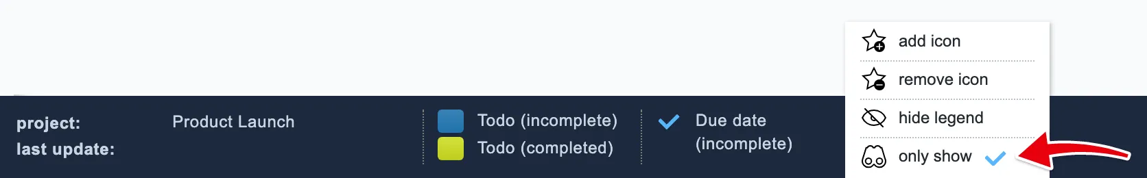 Right-click a legend entry: only show filters the chart to it, hide legend takes the legend off
