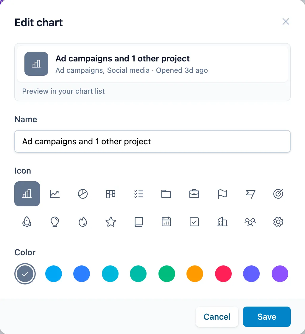 Edit appearance gives a chart its own name, icon and color.