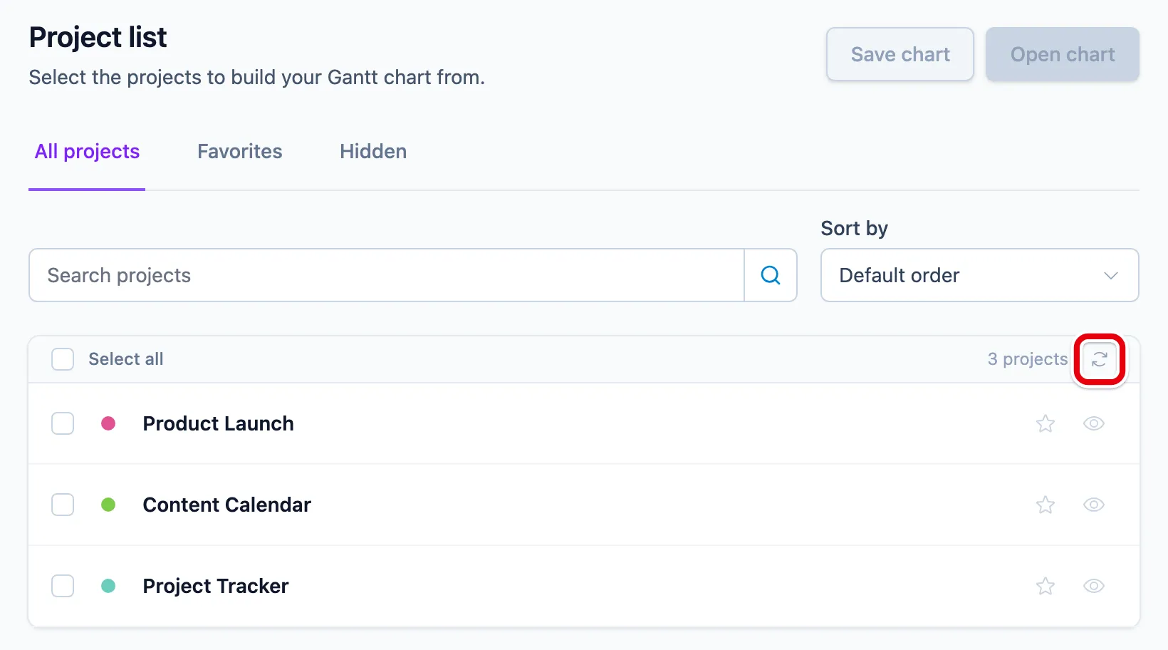 Refresh projects is the circular arrows icon at the top right of the list