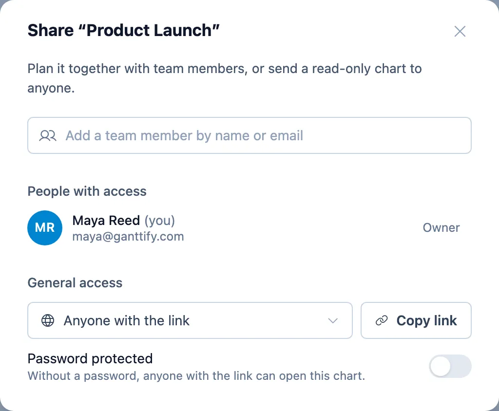 Your chart opens for anyone you send it to once General access is set to Anyone with the link.
