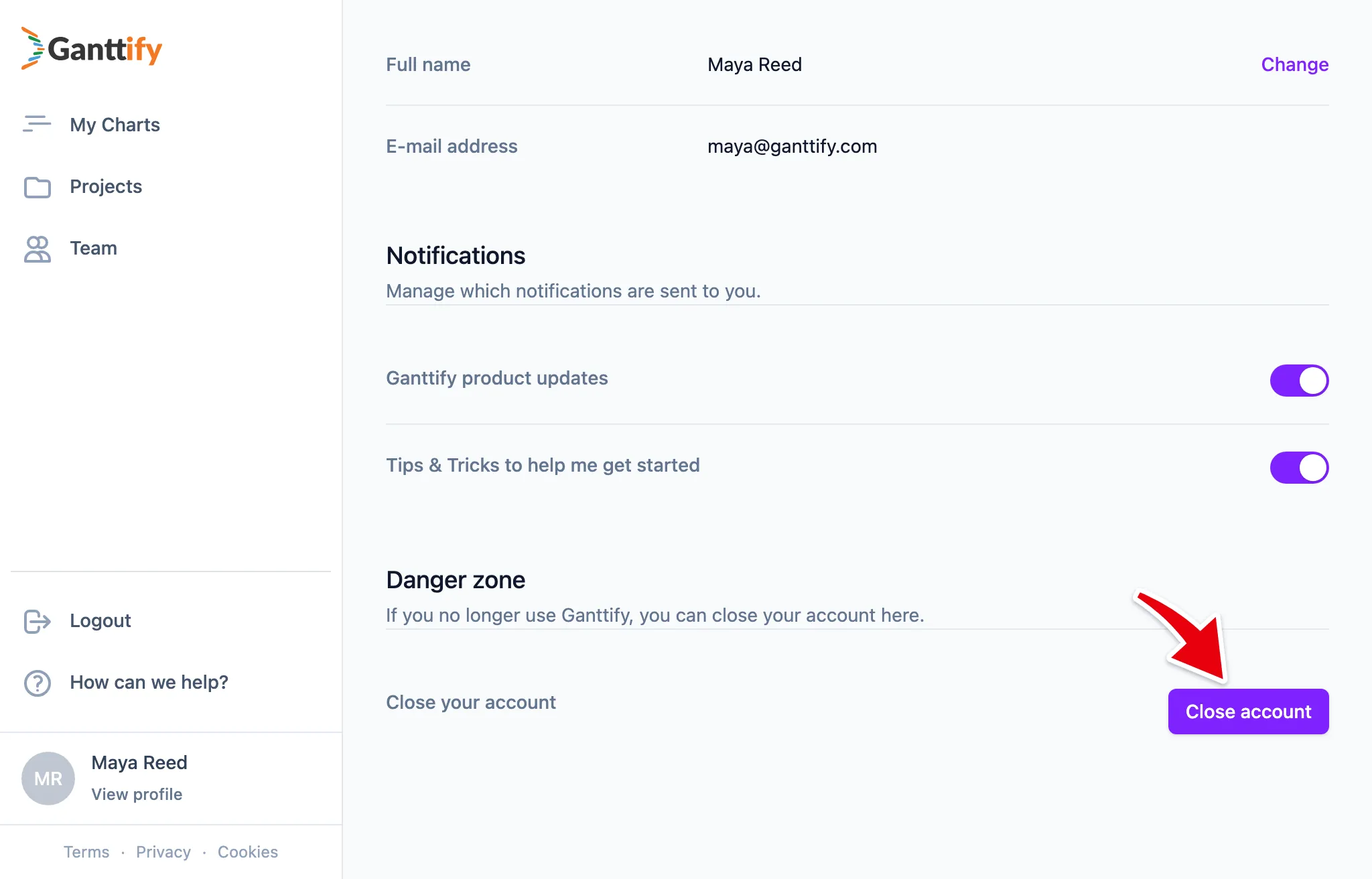 Close account sits in the Danger zone at the bottom of the profile page