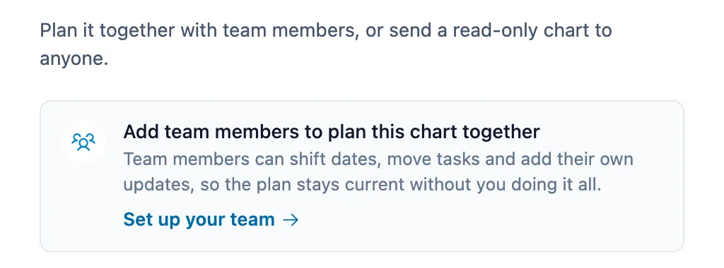 When nobody has joined your team yet, the Share dialog invites you to set up your team.