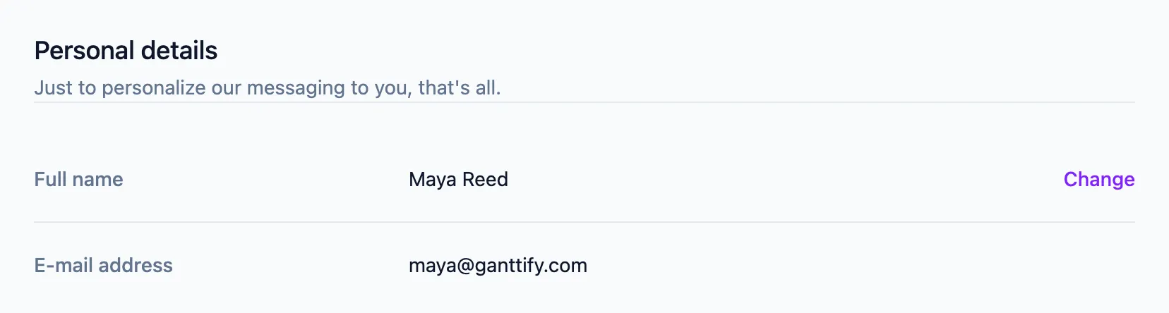 Your name and login email address under Personal details on the Profile tab